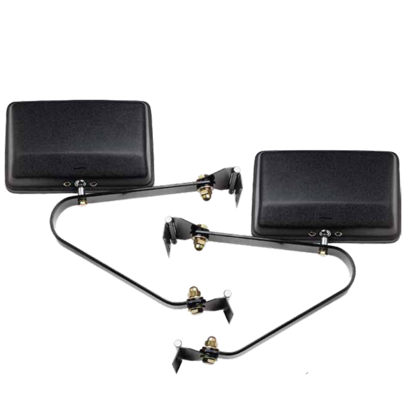 BRITAX MIRROR HEADS - FLAT GLASS BLACK PLASTIC MOUDLED MIRROR HEAD - POWDER COATED BLACK STEEL BRACKETS